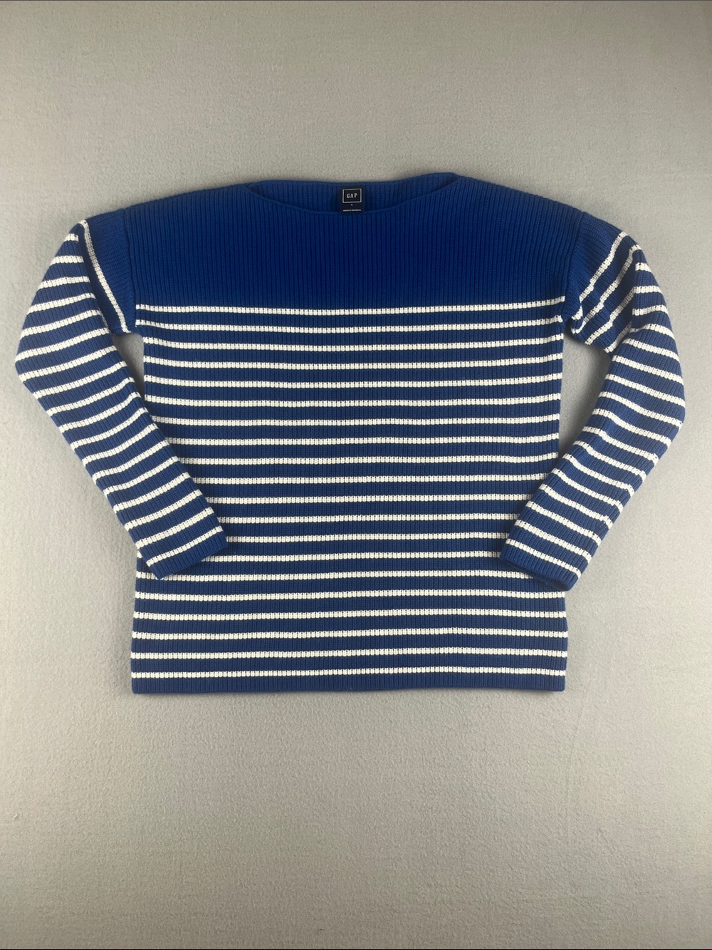 GAP Blue and White Striped Boatneck Sweater 
Size: Large